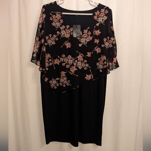 Folunsi Black Midi V-neck Dress with Floral Asymmetrical Chiffon Overlay 4X